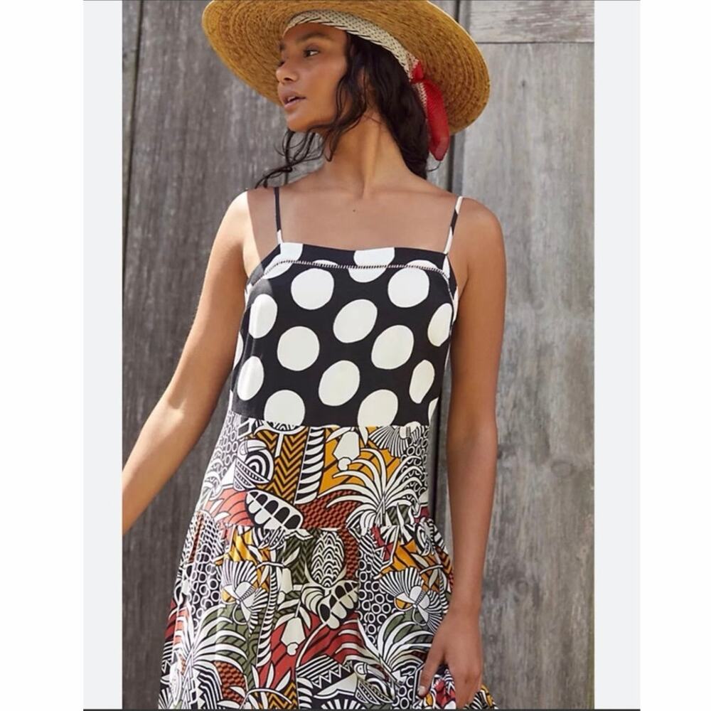 Farm Rio for Anthropologie Tiered Cover Up Maxi Dress Polka Dot Tropical Print L - Picture 9 of 11